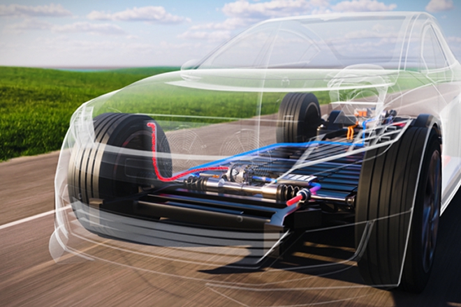 Components view of electric car on a road